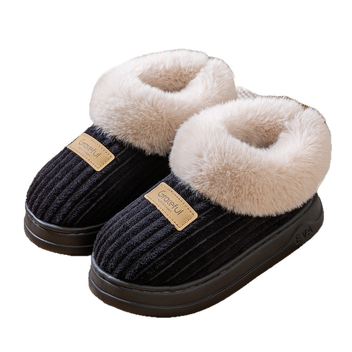 Faux Fur Cuff Ribbed Bootie Slippers
