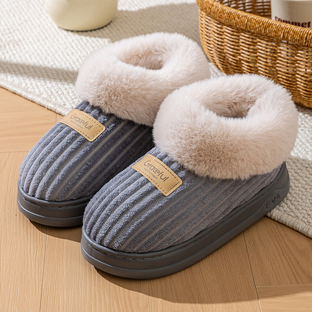 Faux Fur Cuff Ribbed Bootie Slippers