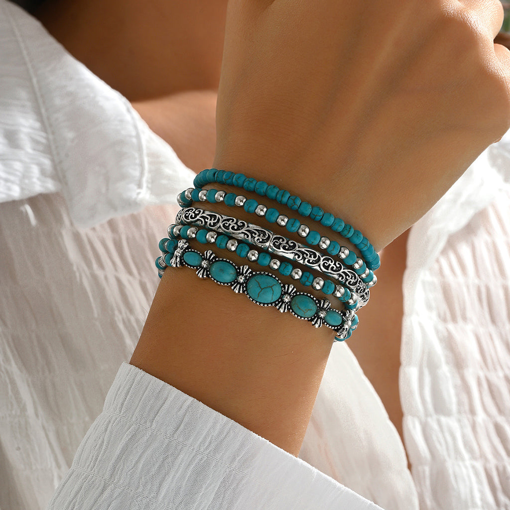Western Bead Stretch Bracelet Stack With Conchos - Color