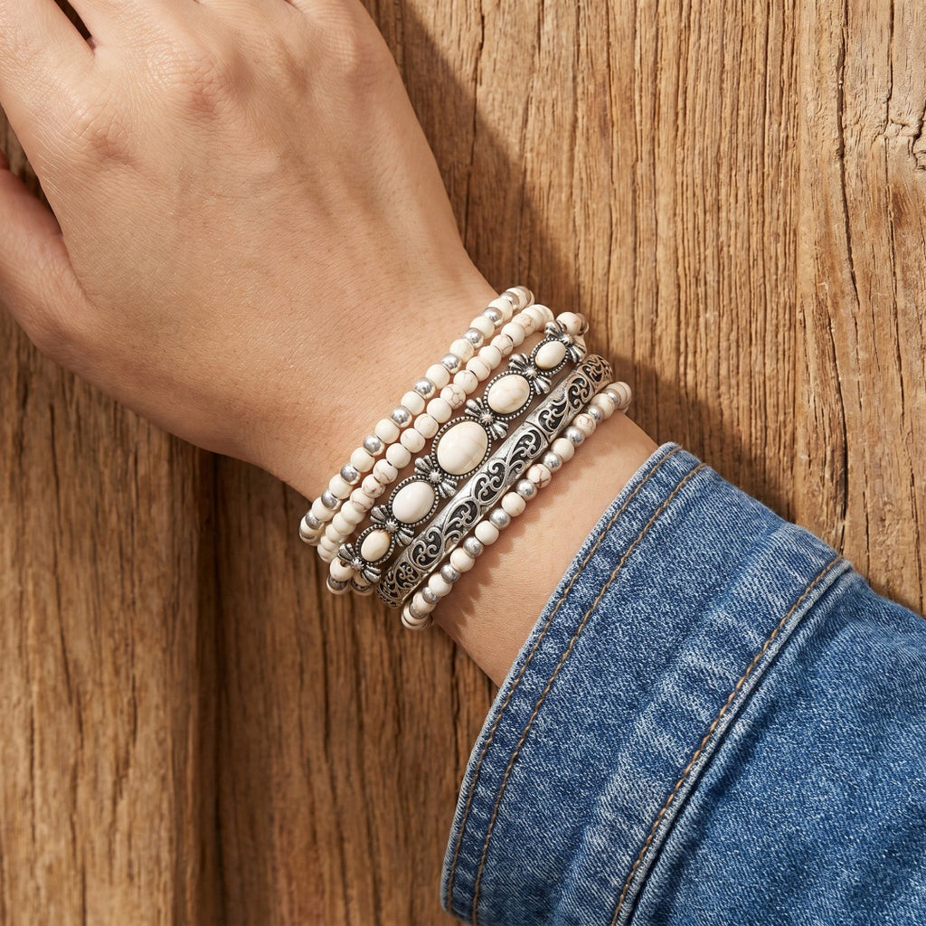 Western Bead Stretch Bracelet Stack With Conchos - White