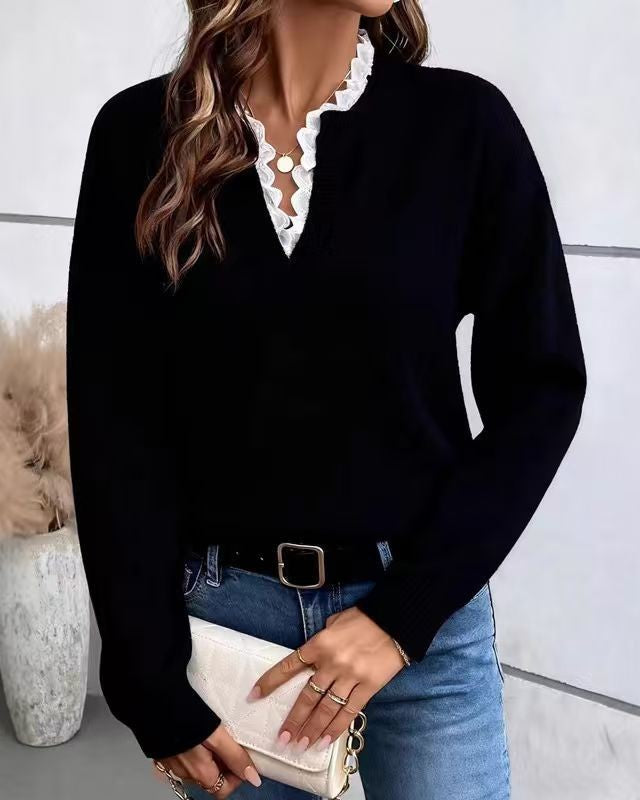 Scalloped Lace V-Neck Knit Sweater - Black