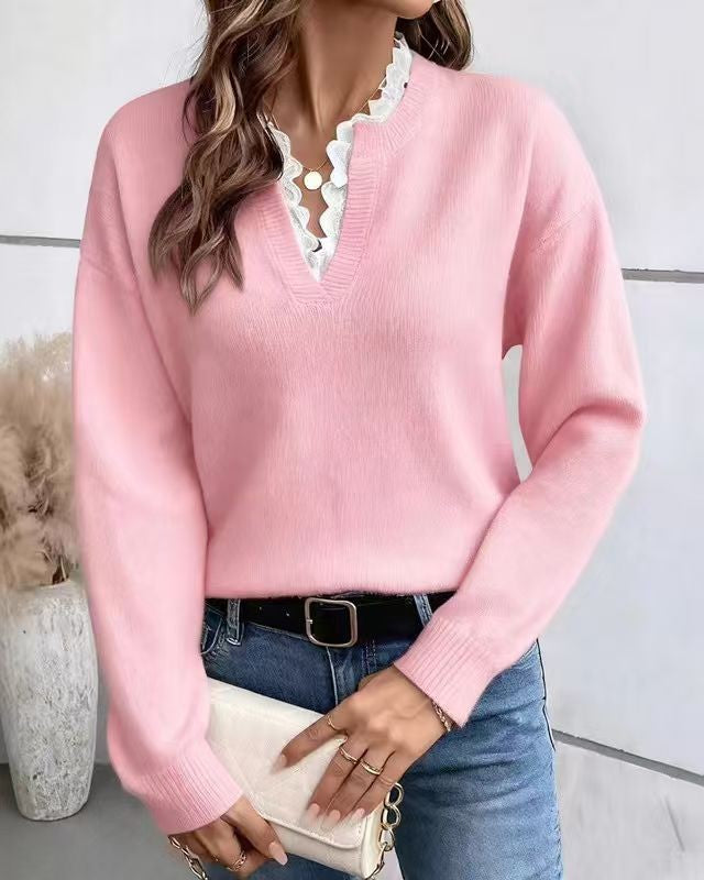Scalloped Lace V-Neck Knit Sweater - Pink