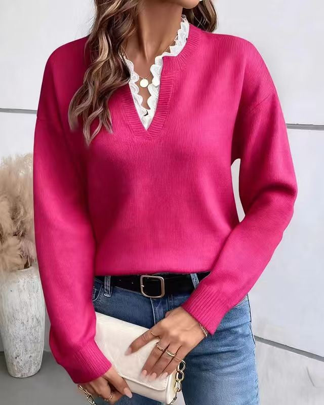 Scalloped Lace V-Neck Knit Sweater - Rose-Red