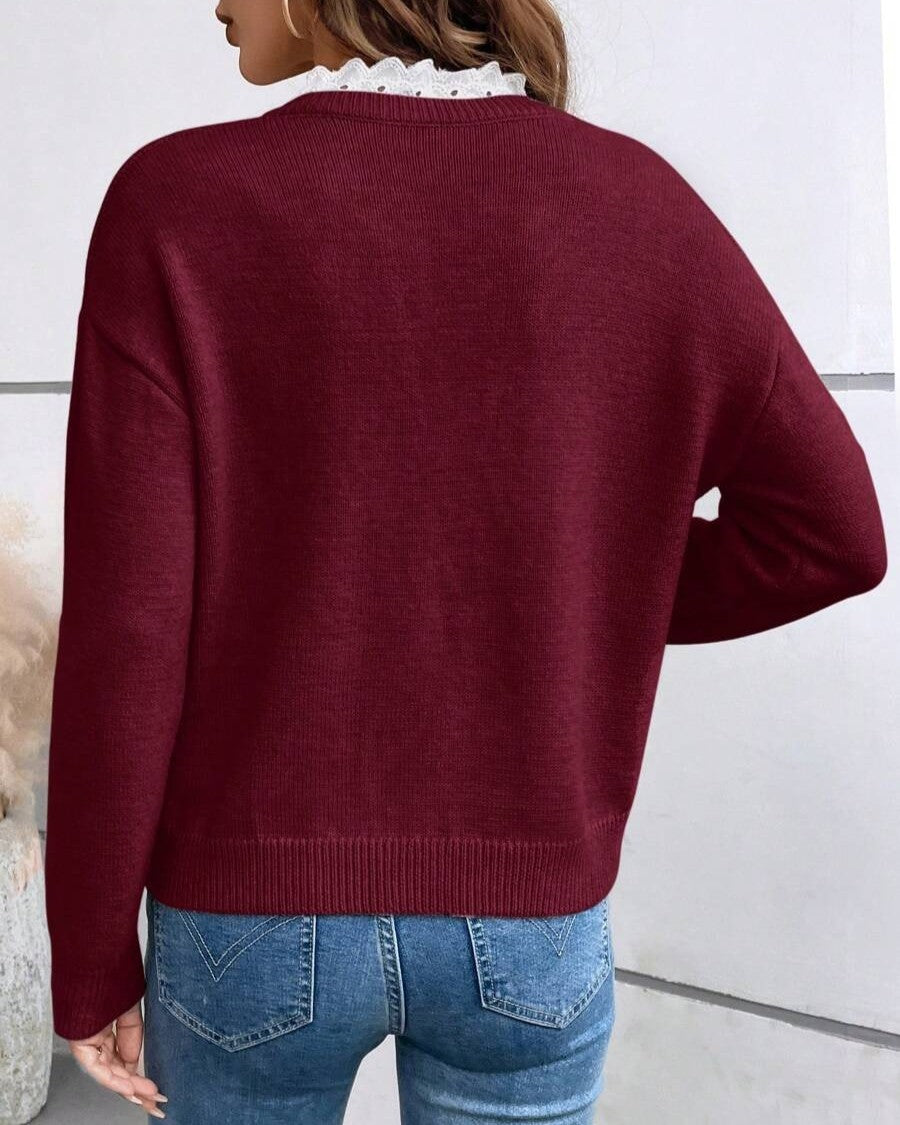 Scalloped Lace V-Neck Knit Sweater - Wine-Red - 2