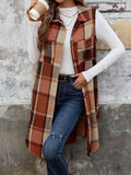 Plaid Longline Sleeveless Lapel Vest - Coffee