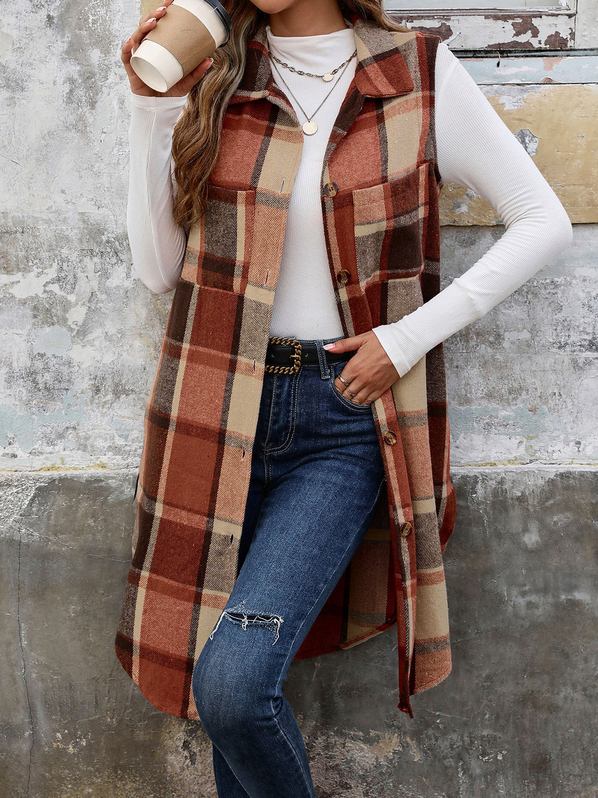 Plaid Longline Sleeveless Lapel Vest - Coffee
