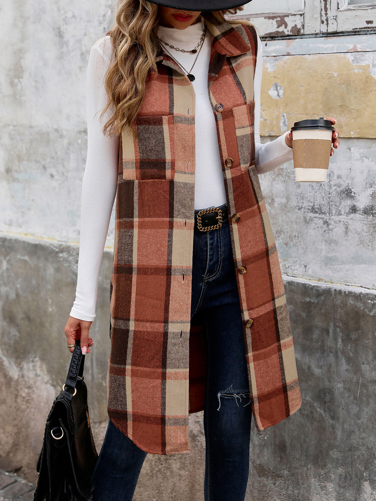 Plaid Longline Sleeveless Lapel Vest - Coffee - 1