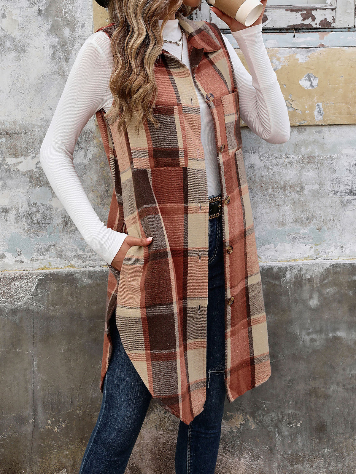 Plaid Longline Sleeveless Lapel Vest - Coffee - 3