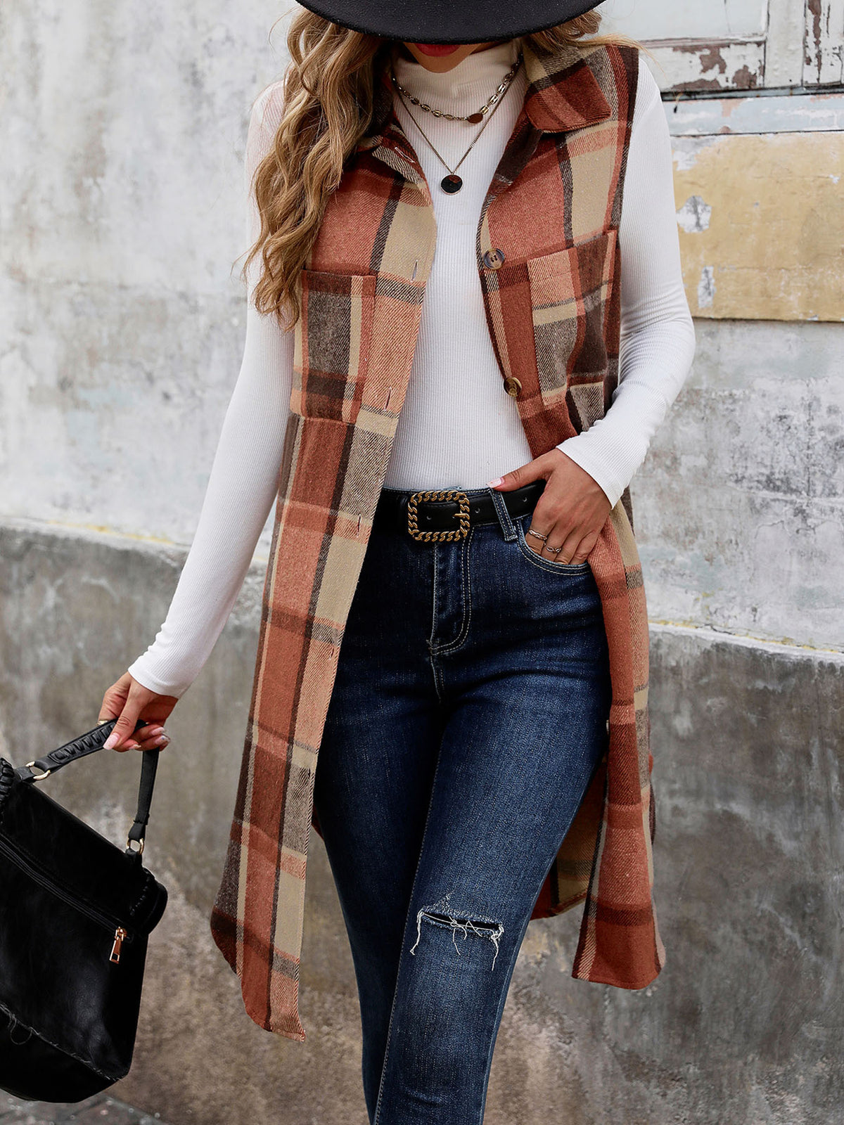 Plaid Longline Sleeveless Lapel Vest - Coffee - 4