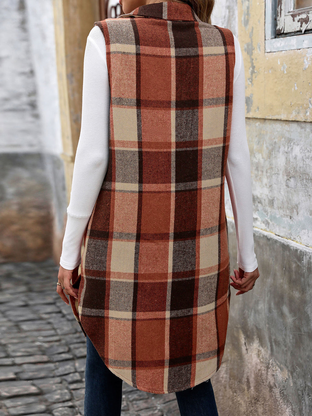 Plaid Longline Sleeveless Lapel Vest - Coffee - 5