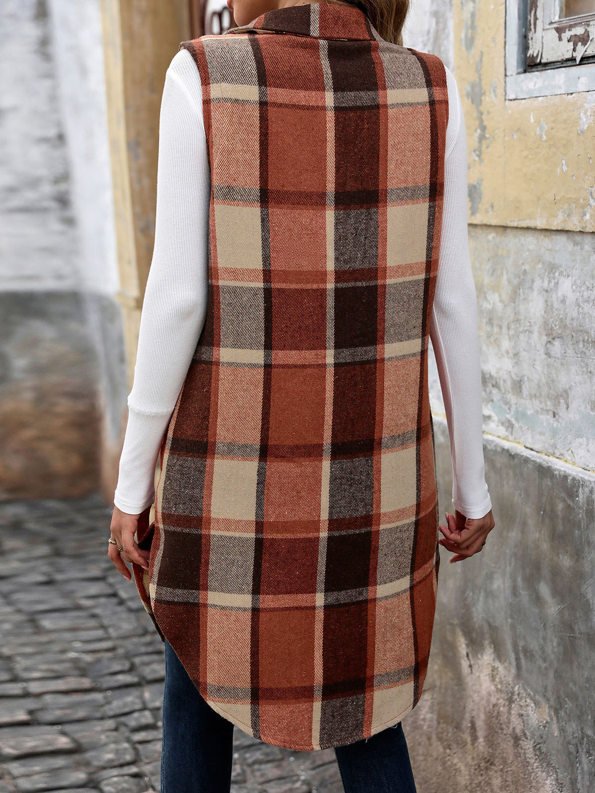 Plaid Longline Sleeveless Lapel Vest - Coffee - 5