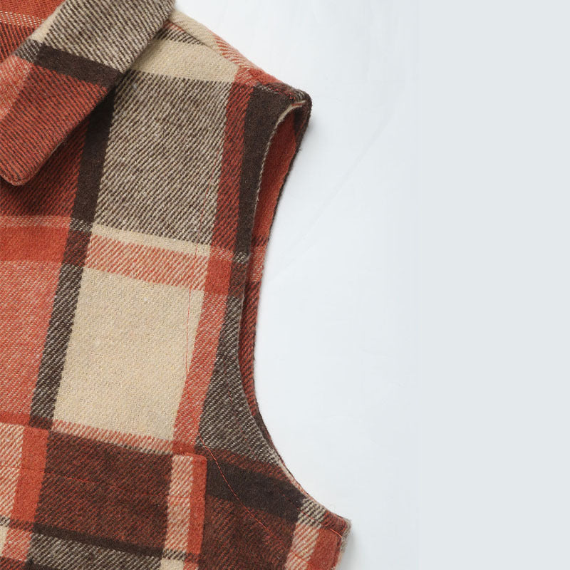 Plaid Longline Sleeveless Lapel Vest - Coffee - 8