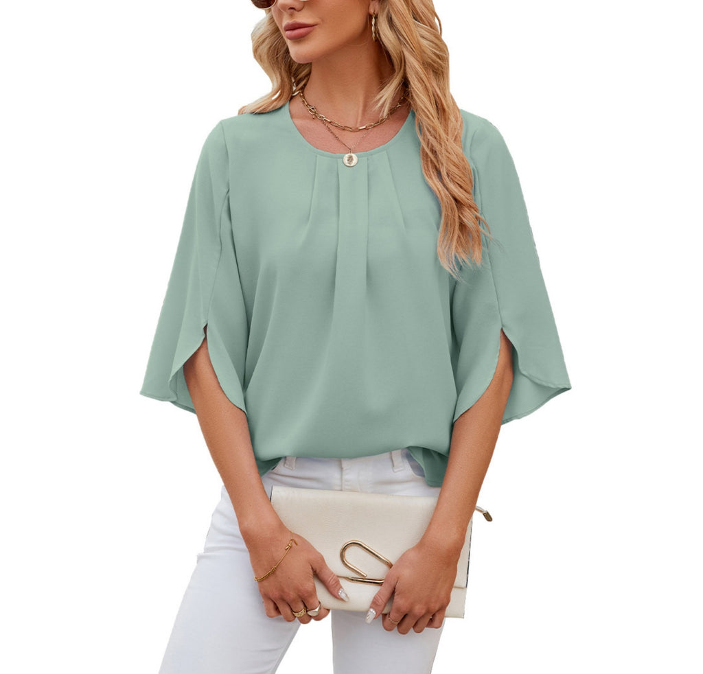 Pleated Split Sleeve Chiffon Shirt - Green