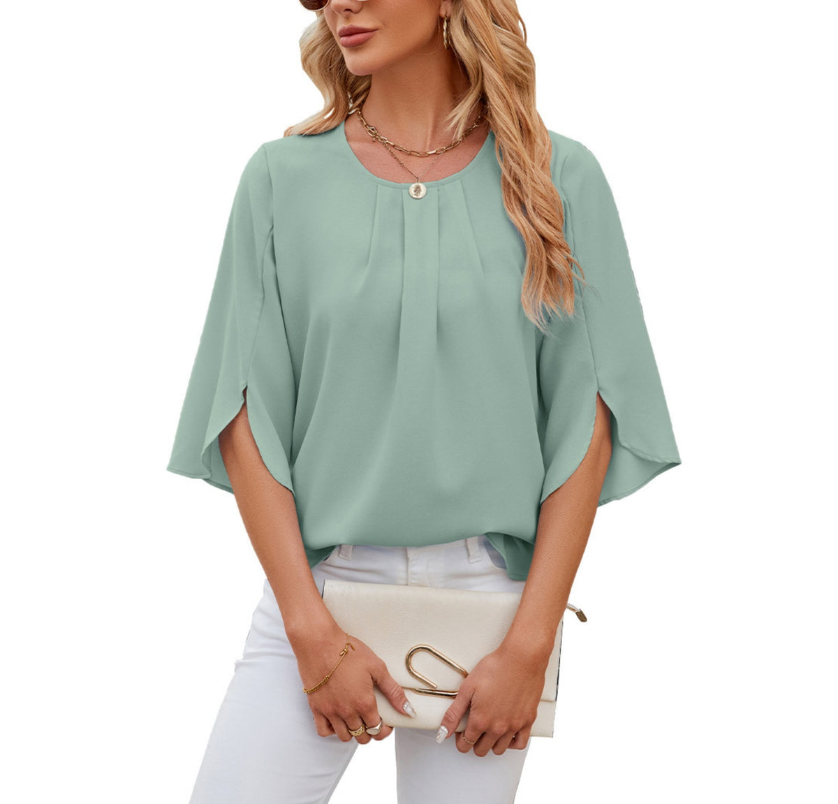 Pleated Split Sleeve Chiffon Shirt - Green