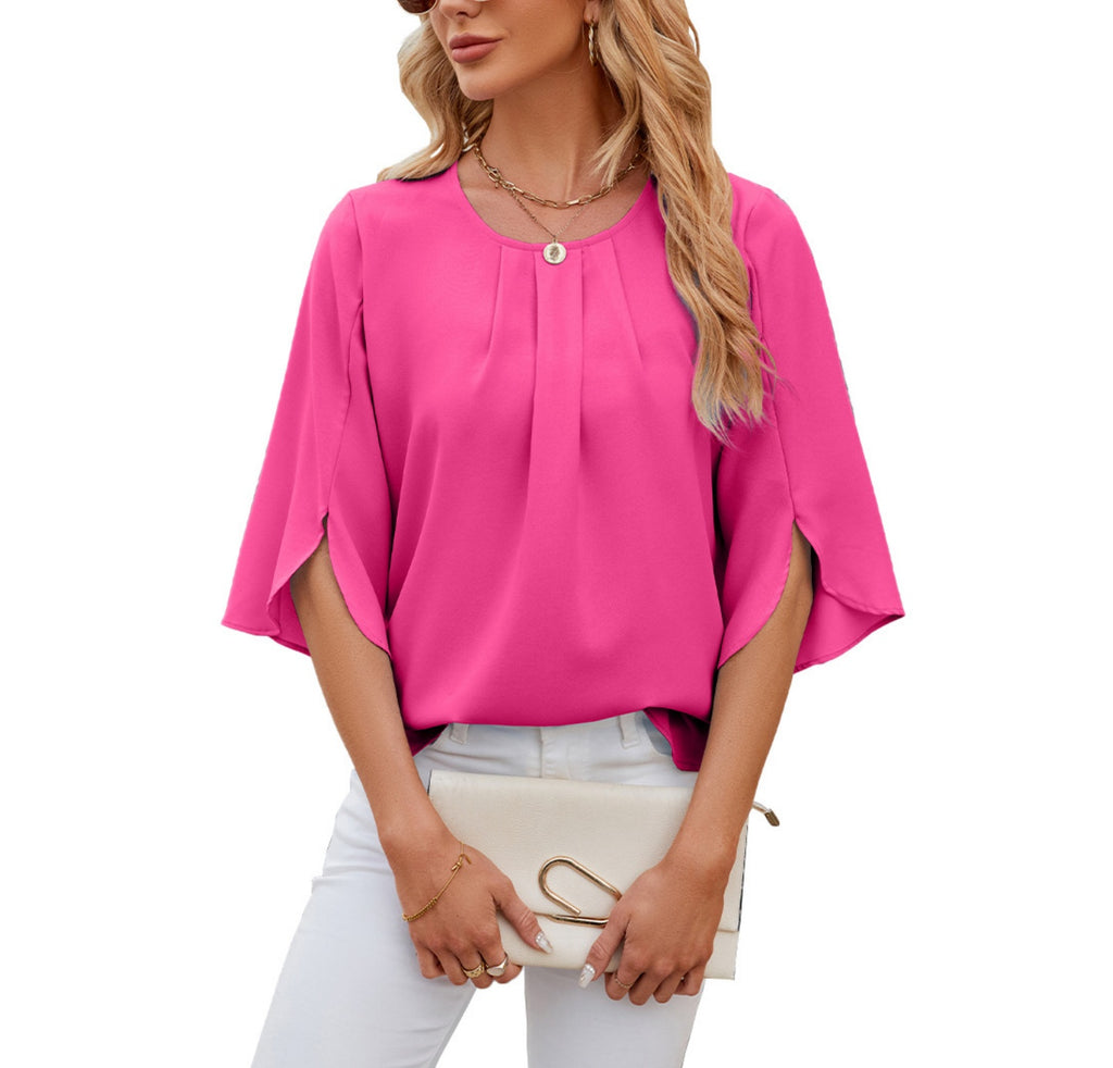 Pleated Split Sleeve Chiffon Shirt - Pink