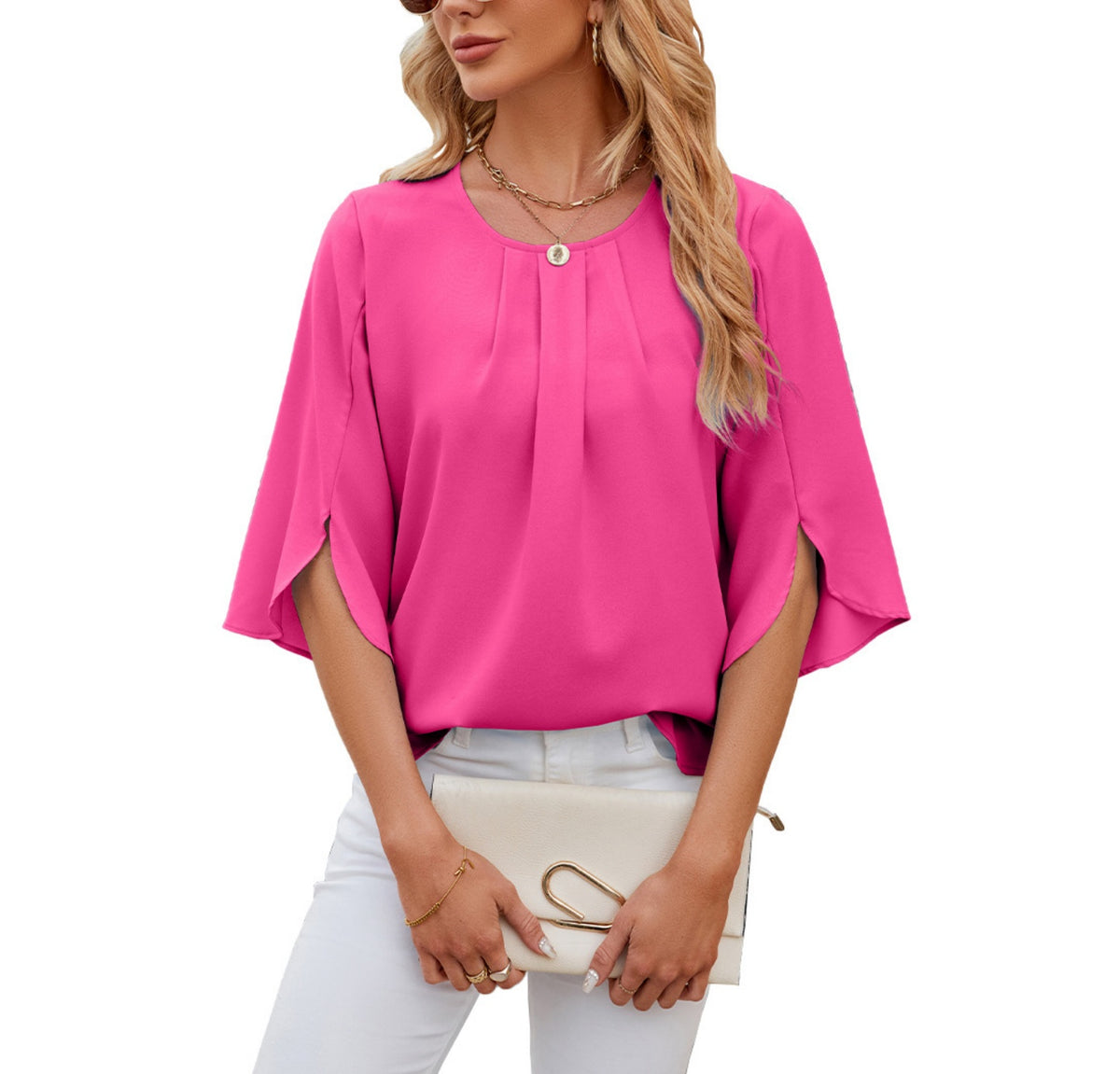 Pleated Split Sleeve Chiffon Shirt - Pink