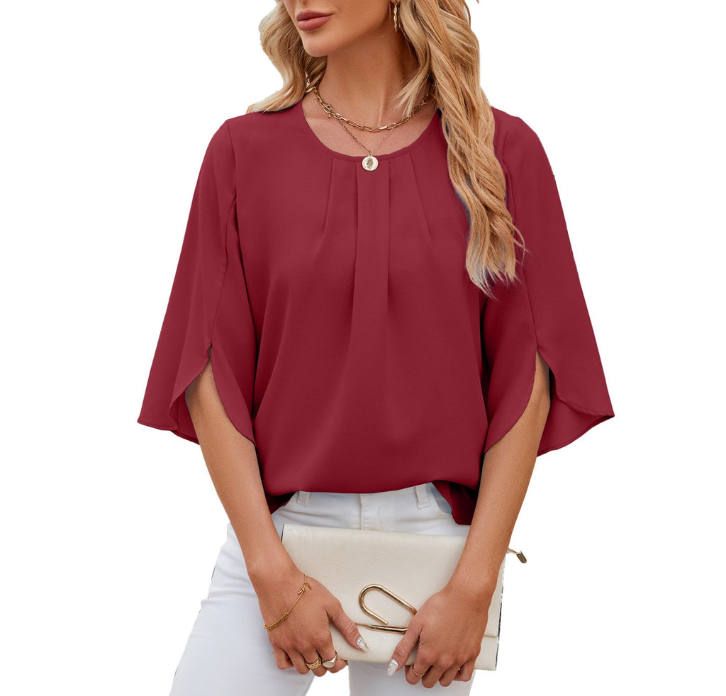 Pleated Split Sleeve Chiffon Shirt - Red