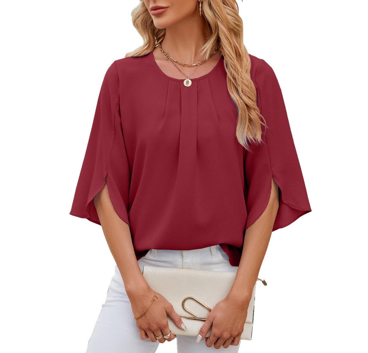 Pleated Split Sleeve Chiffon Shirt - Red