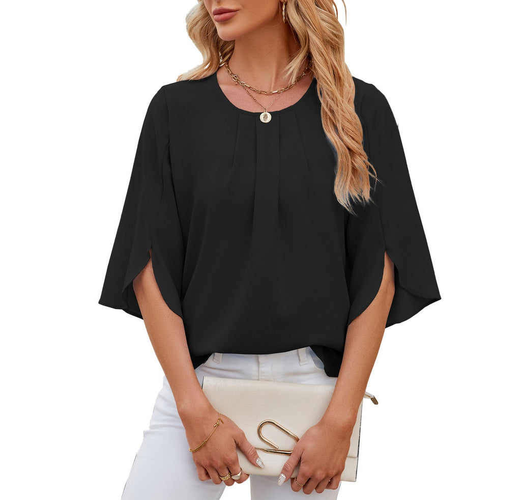 Pleated Split Sleeve Chiffon Shirt - black