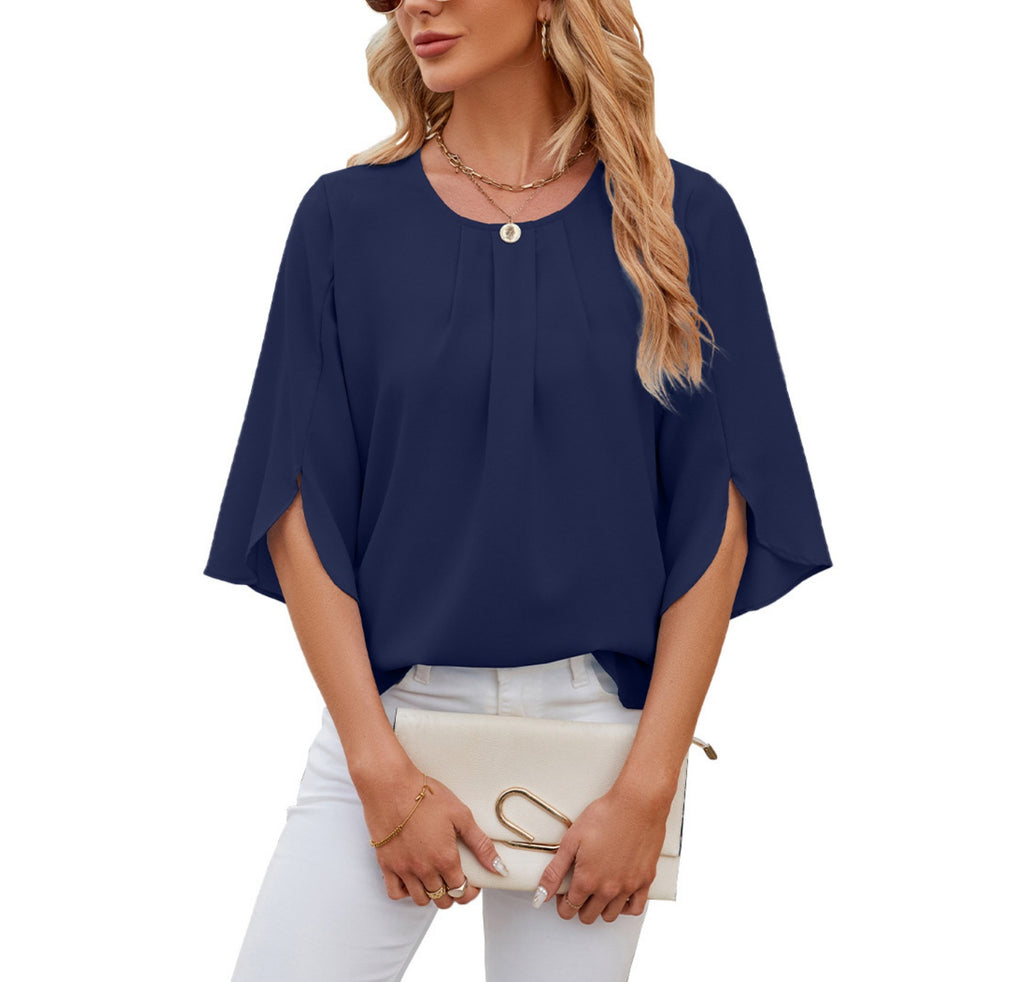 Pleated Split Sleeve Chiffon Shirt - navy