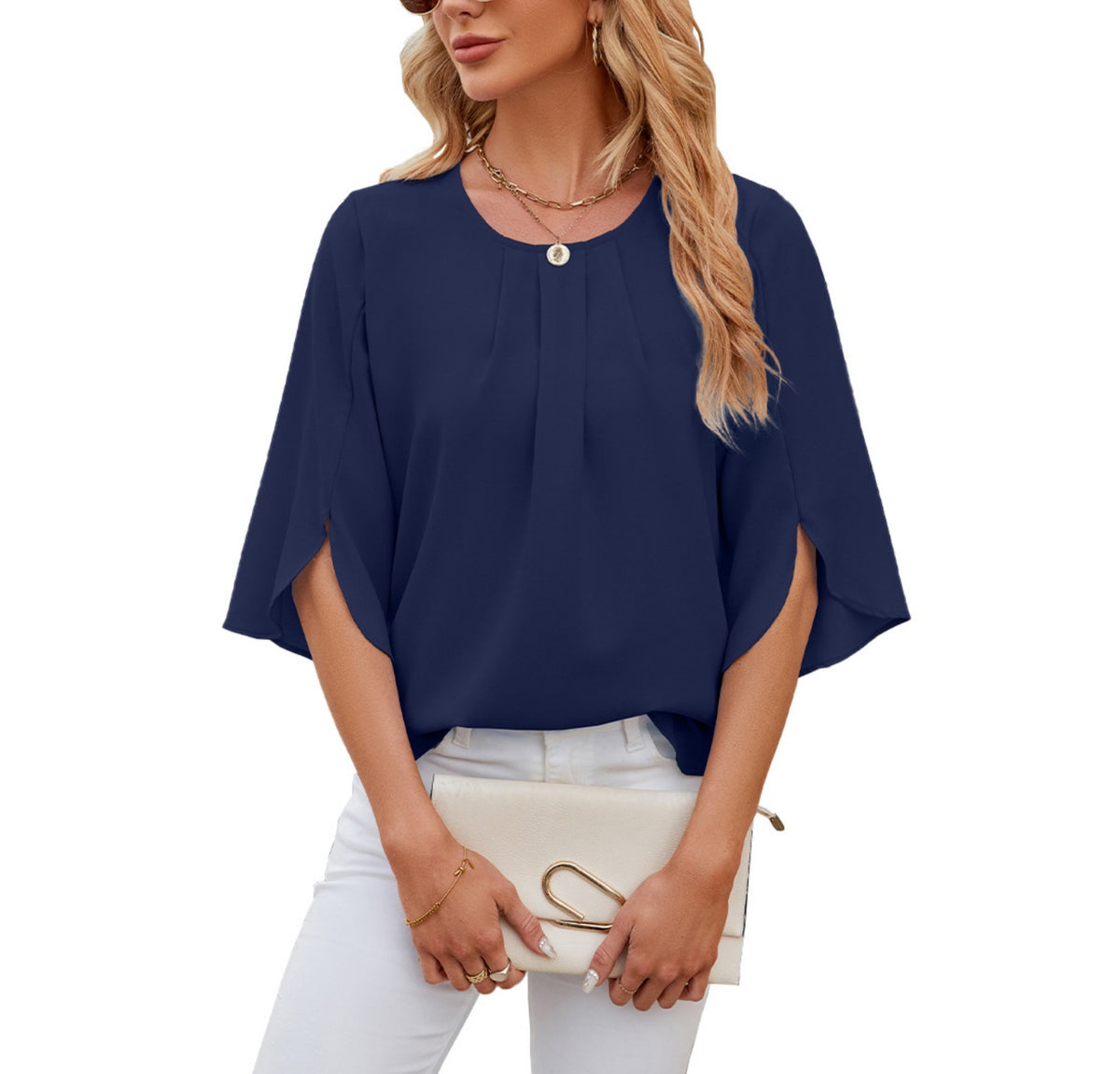 Pleated Split Sleeve Chiffon Shirt - navy