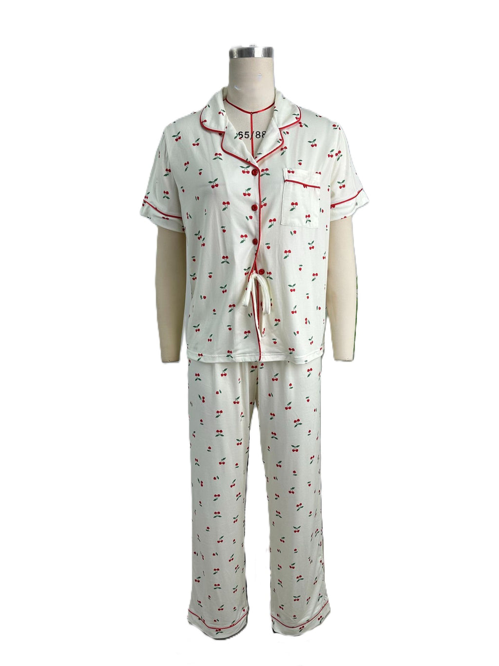 Cherry Print Button Front Pajama Set - Apricot
