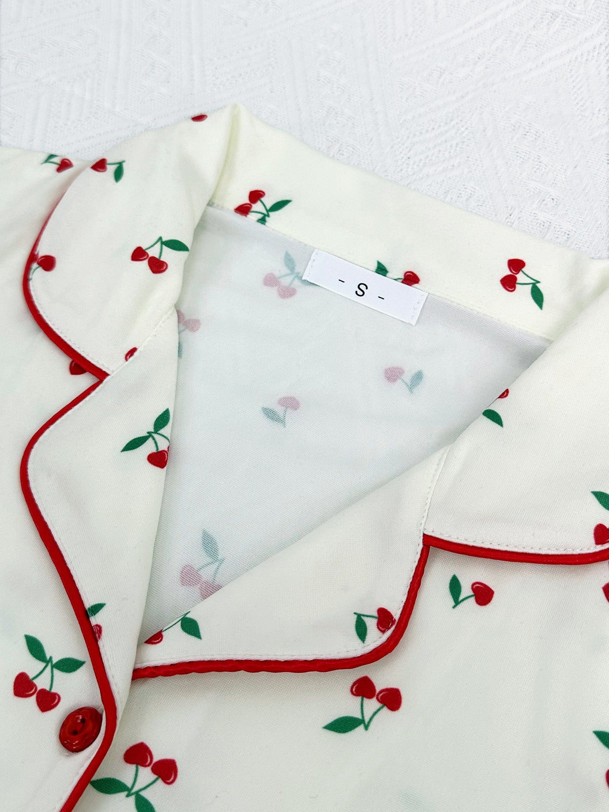 Cherry Print Button Front Pajama Set - Apricot - 2