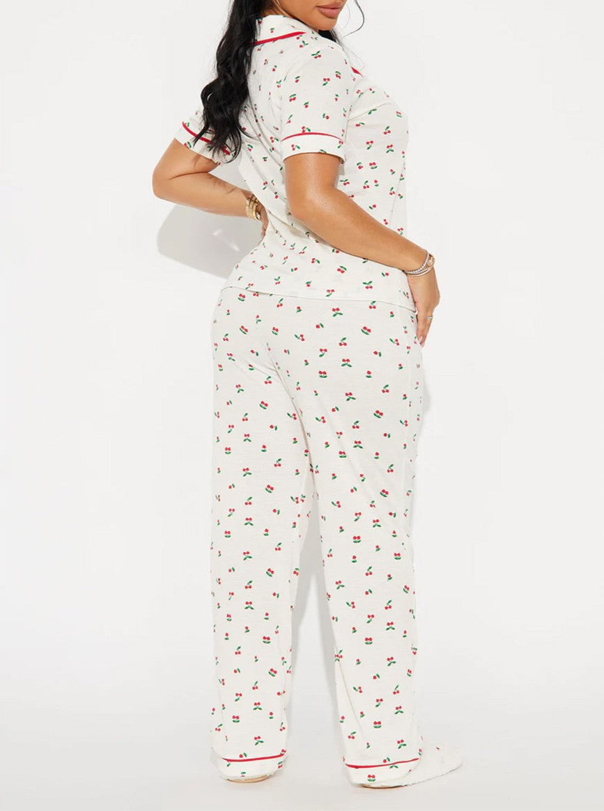 Cherry Print Button Front Pajama Set - Apricot - 3