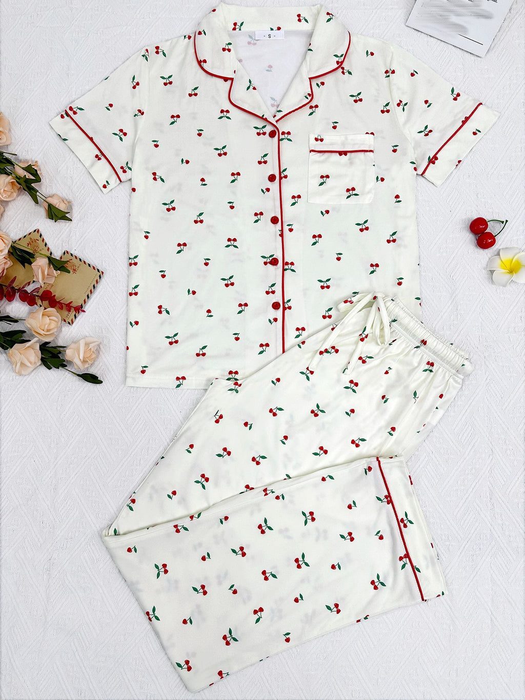 Cherry Print Button Front Pajama Set - Apricot - 4
