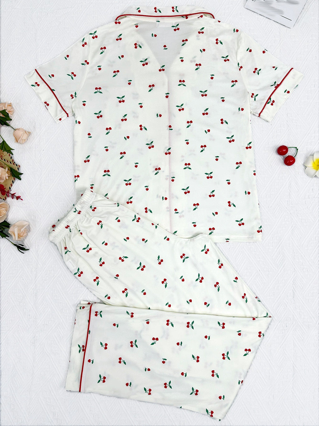Cherry Print Button Front Pajama Set - Apricot - 5