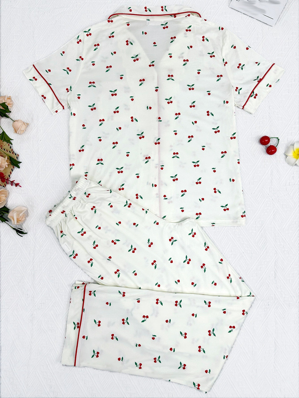 Cherry Print Button Front Pajama Set - Apricot - 5