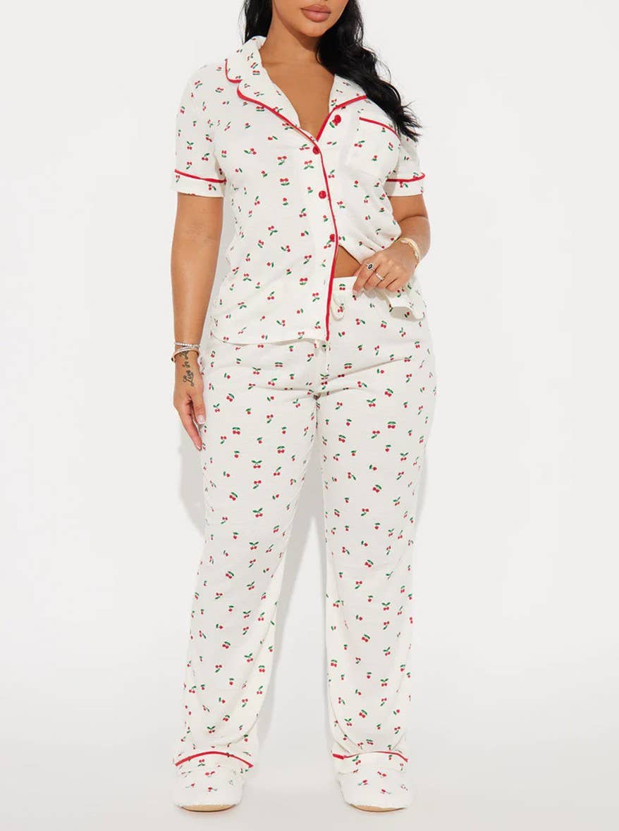 Cherry Print Button Front Pajama Set