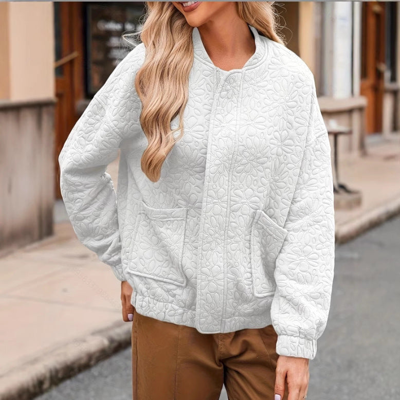 Textured Jacquard Patch Pocket Bomber Jacket - White