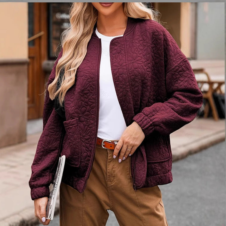 Textured Jacquard Patch Pocket Bomber Jacket - WineRed