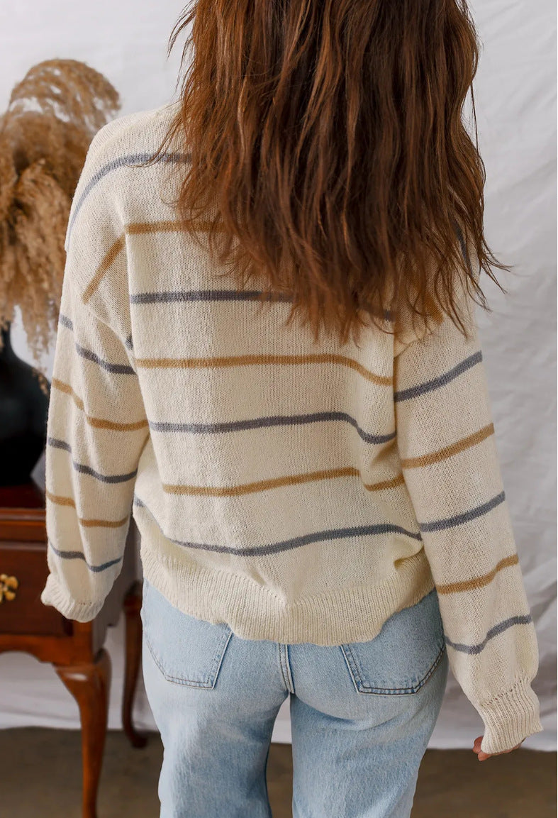 Breezy Multi Stripe Crew Neck Sweater - Apricot - 1