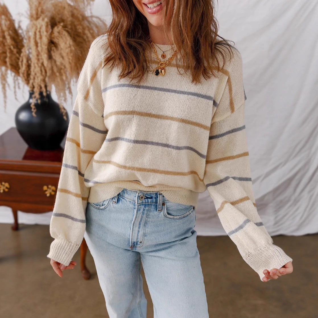 Breezy Multi Stripe Crew Neck Sweater - Apricot - 2