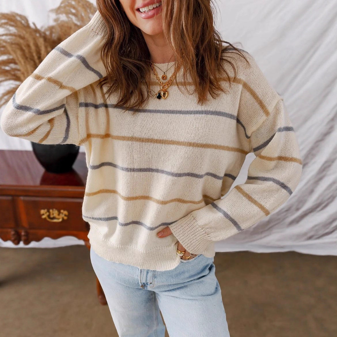 Breezy Multi Stripe Crew Neck Sweater - Apricot - 3