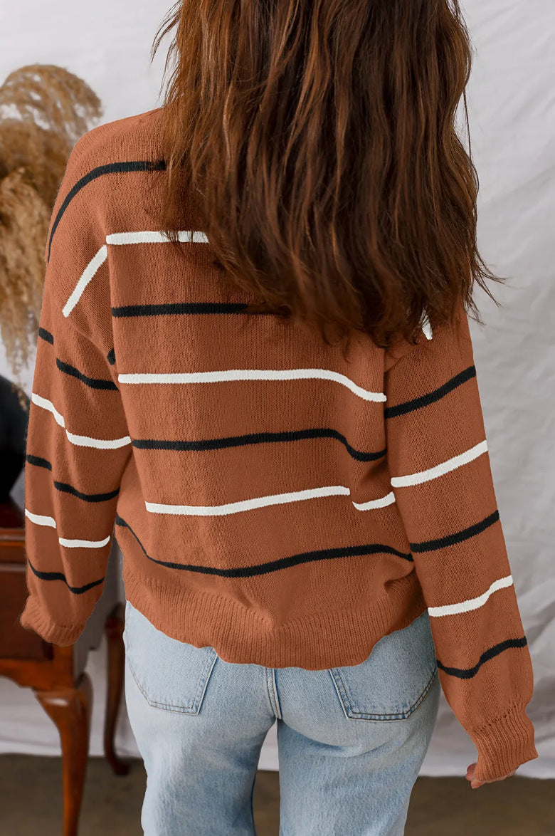 Breezy Multi Stripe Crew Neck Sweater - Brown - 1