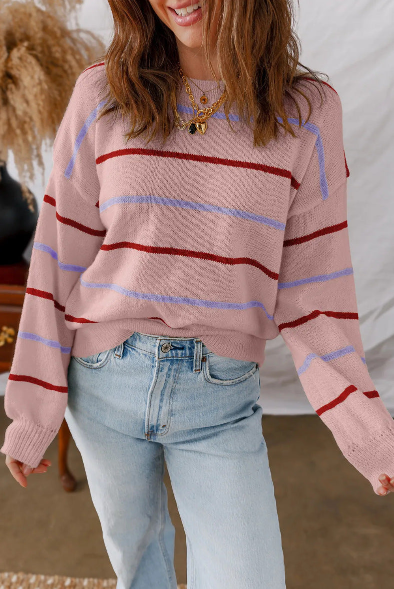 Breezy Multi Stripe Crew Neck Sweater - Pink