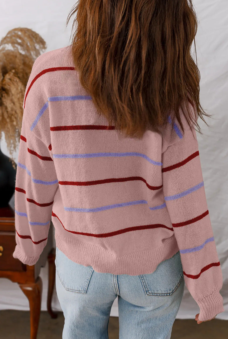 Breezy Multi Stripe Crew Neck Sweater - Pink - 1