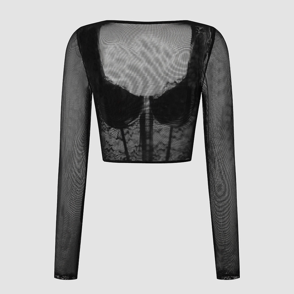 Long Sleeve Mesh And Lace Corset Top - Black - 3