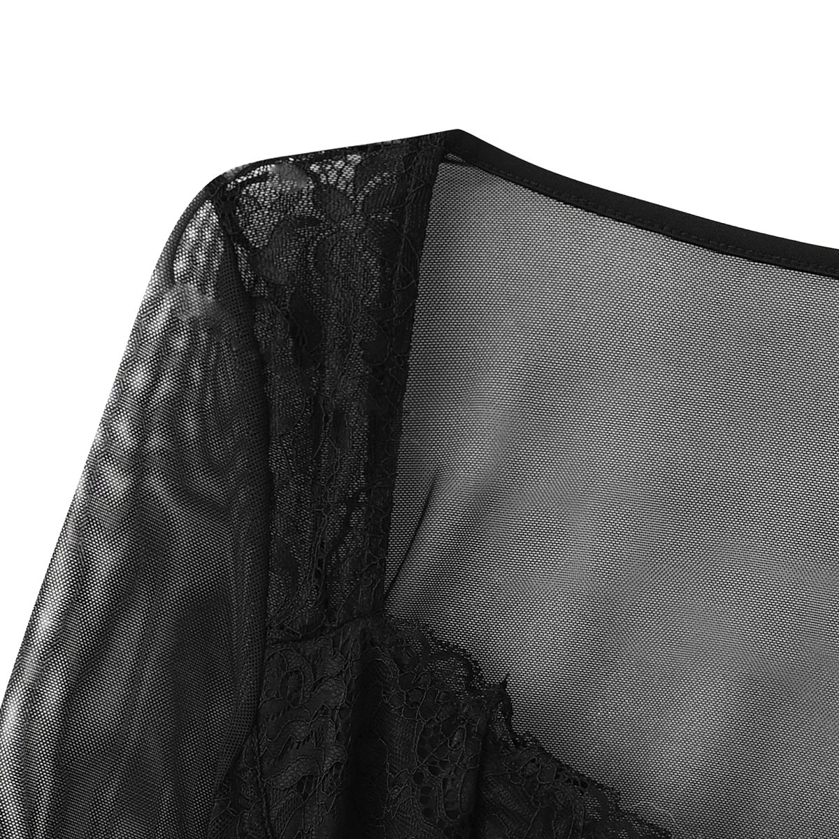Long Sleeve Mesh And Lace Corset Top - Black - 4