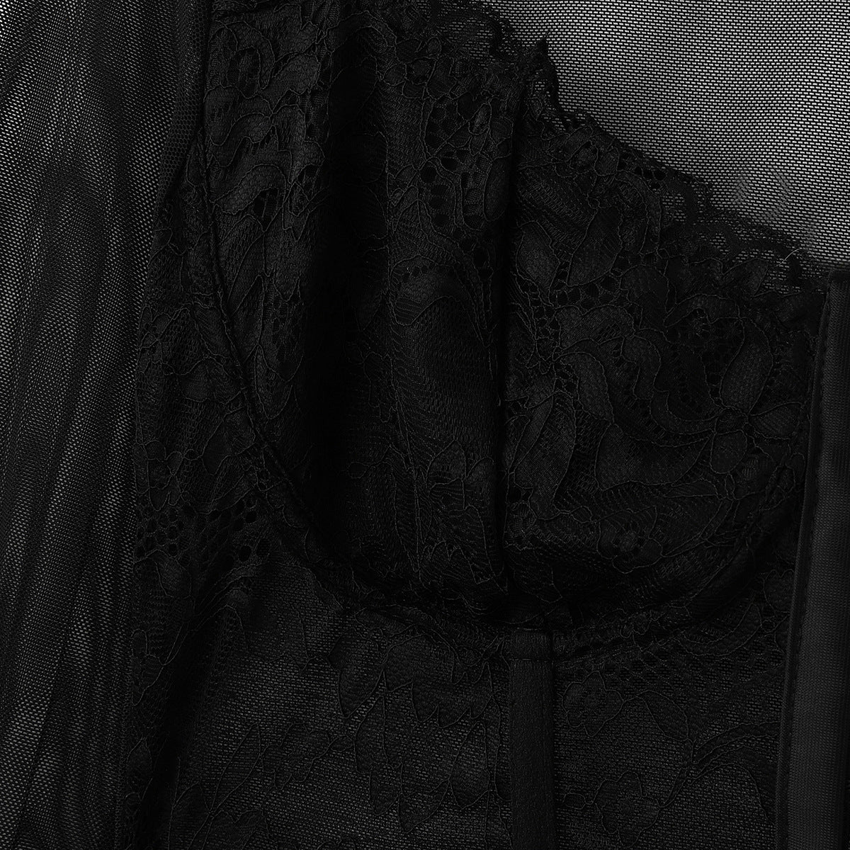 Long Sleeve Mesh And Lace Corset Top - Black - 6