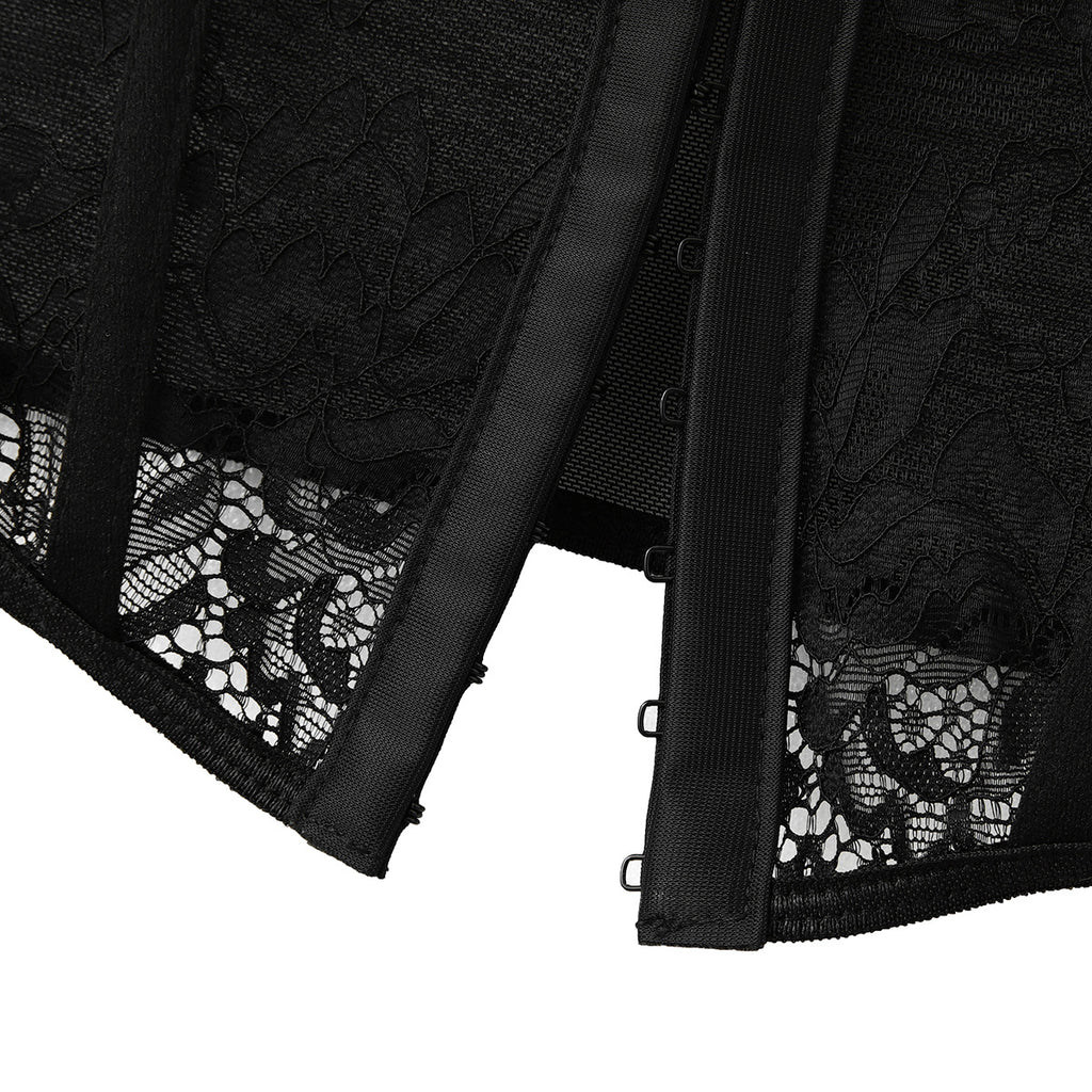 Long Sleeve Mesh And Lace Corset Top - Black - 7