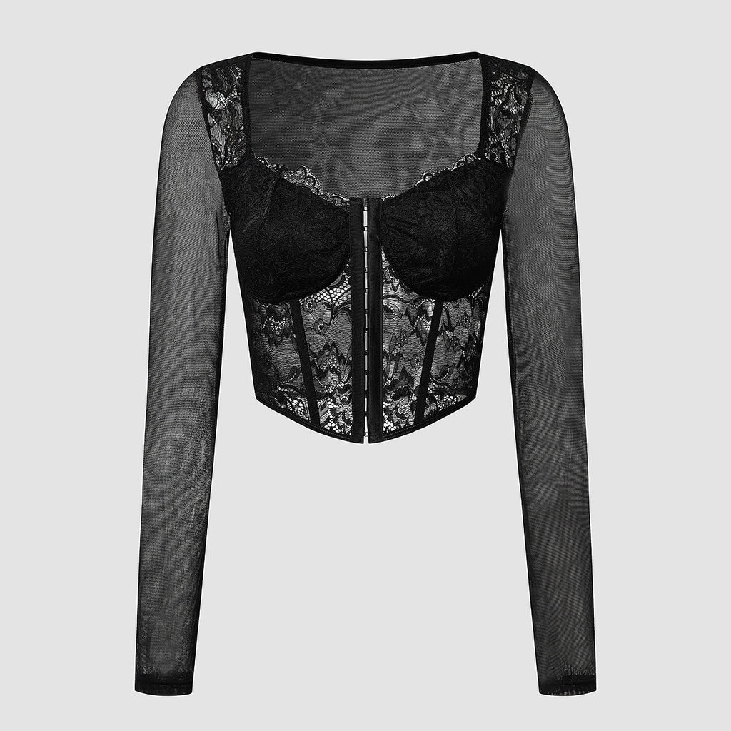 Long Sleeve Mesh And Lace Corset Top - Black - 8
