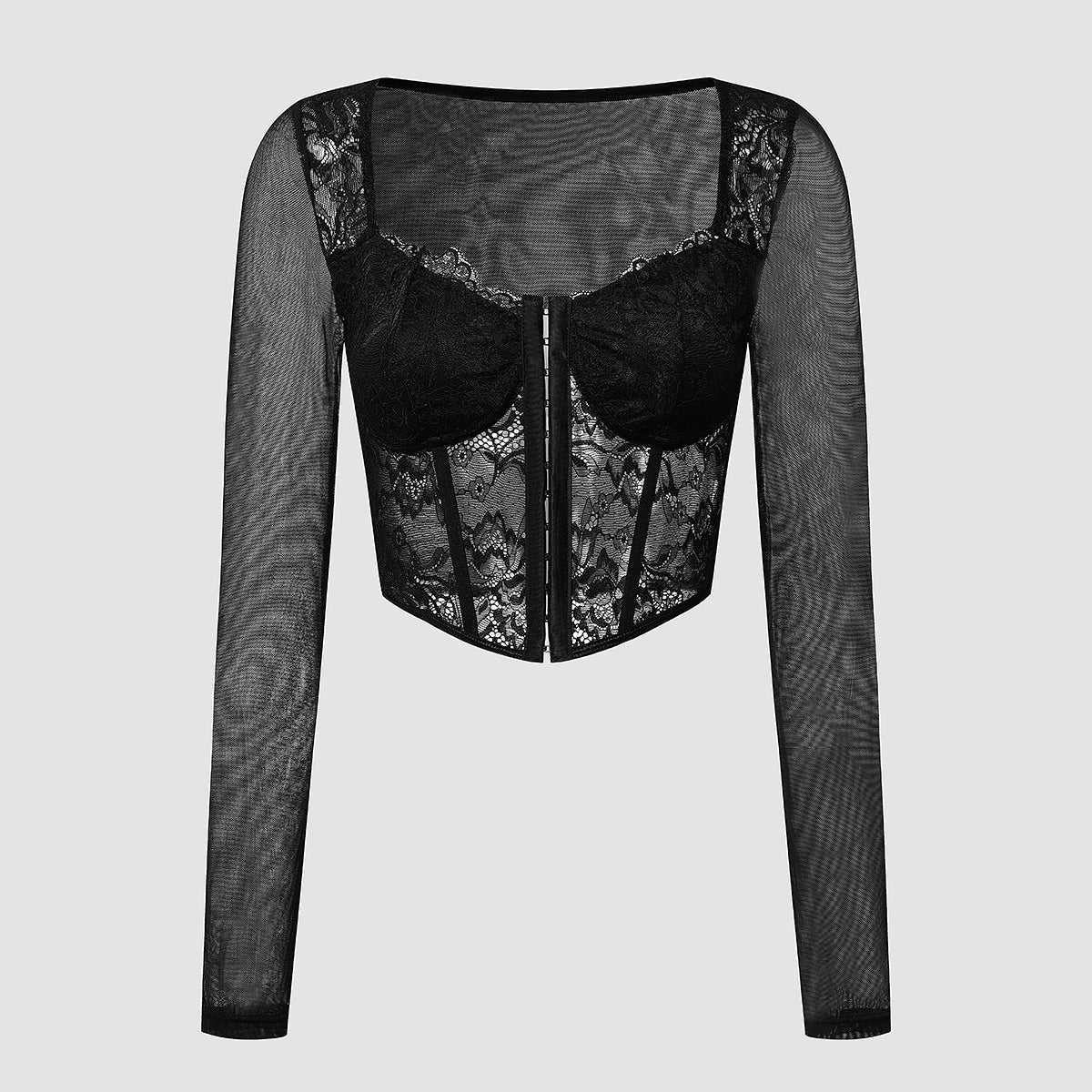 Long Sleeve Mesh And Lace Corset Top - Black - 8