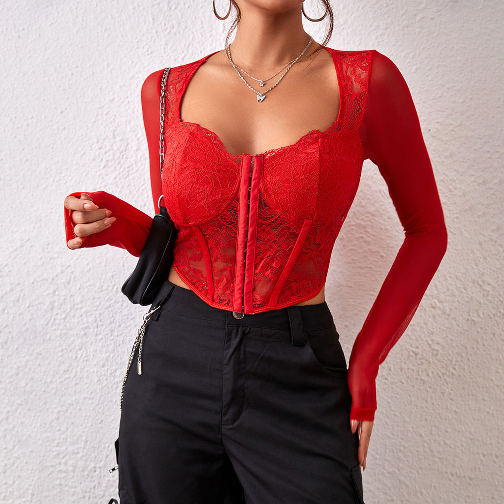 Long Sleeve Mesh And Lace Corset Top - Red - 1
