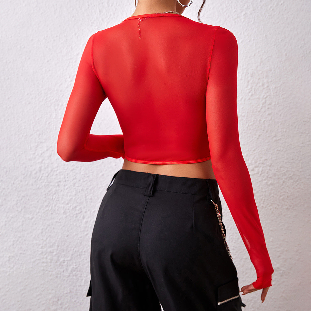Long Sleeve Mesh And Lace Corset Top - Red - 2