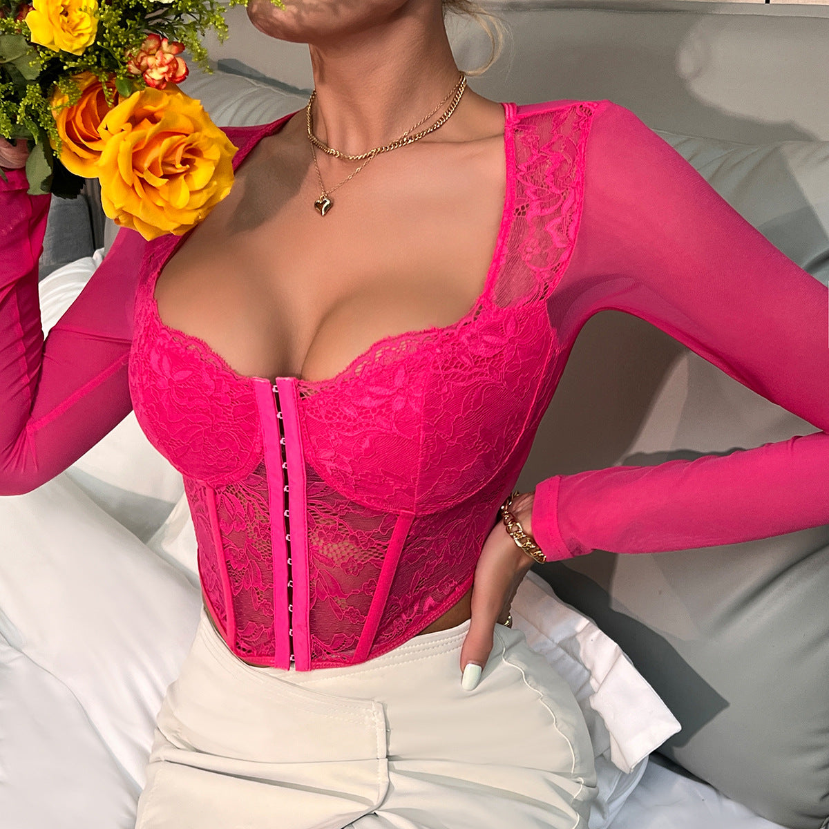 Long Sleeve Mesh And Lace Corset Top - Rose Red