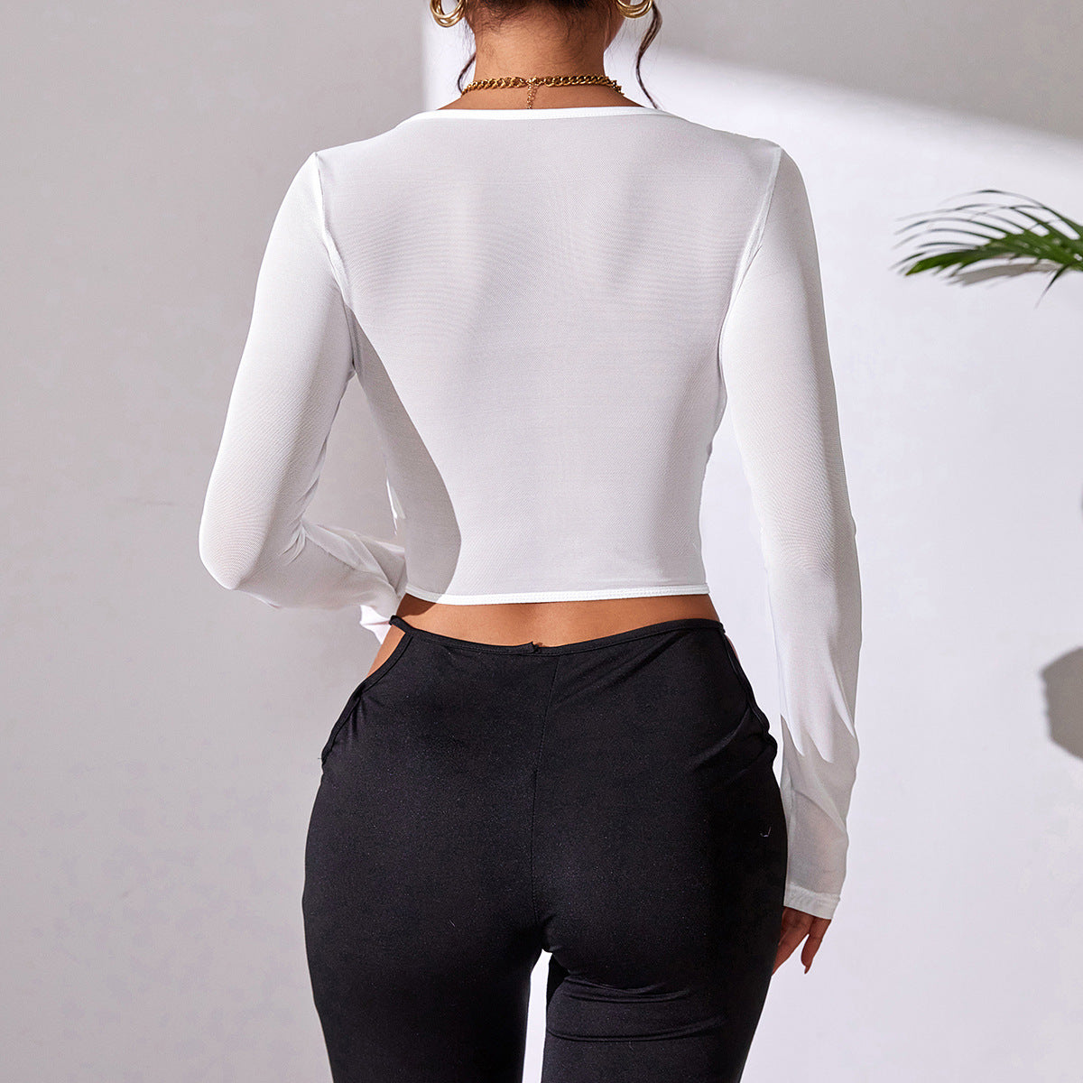 Long Sleeve Mesh And Lace Corset Top - White - 2